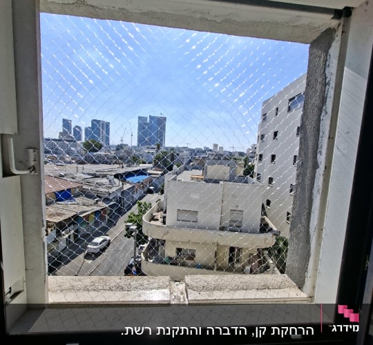 חלון עם רשת נגד יונים ונוף עירוני